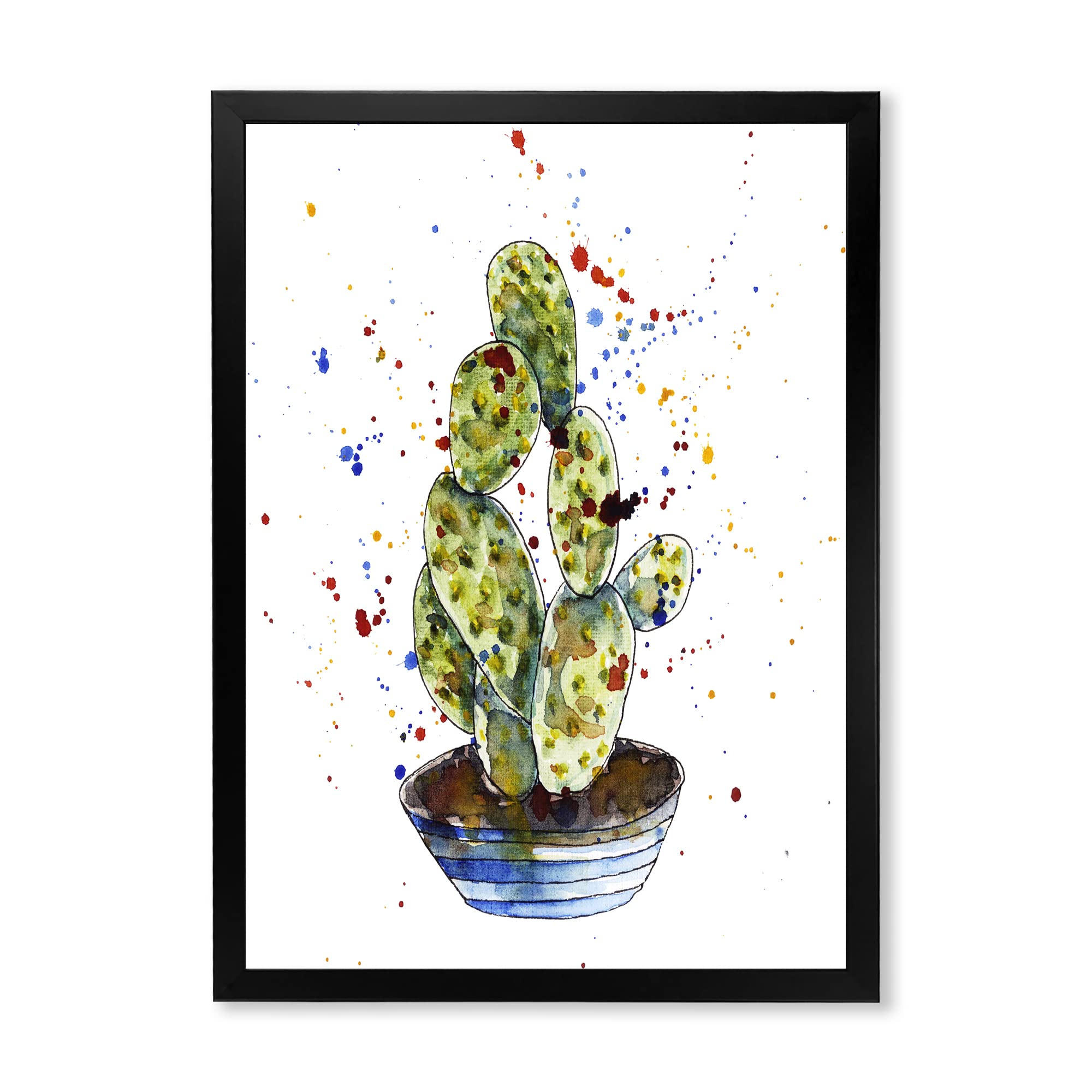 DesignQ Cactus Houseplant Traditional Framed Wall Art - Desert Botanical Decor for Living Room, Bedroom & Office