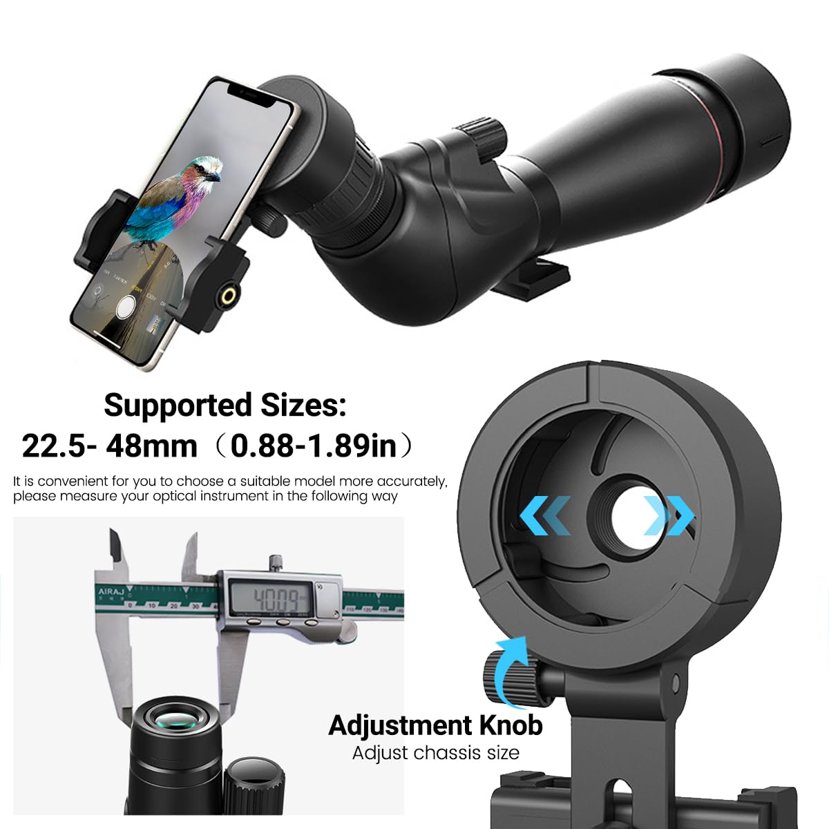 Universal Telescope Phone Adapter - Adjustable Phone Scope Mount for Binoculars, Monocular & Spotting Scopes | Fits 4.2-7
