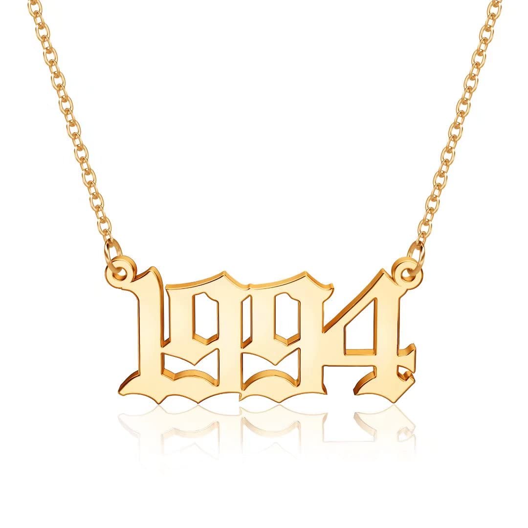 18K Gold Plated Old English Birth Year Necklace for Women - Personalized Jewelry Gift for Birthday, Anniversary (1970-2021) | Elegant Layering Necklace for Everyday Wear & Special Occasions