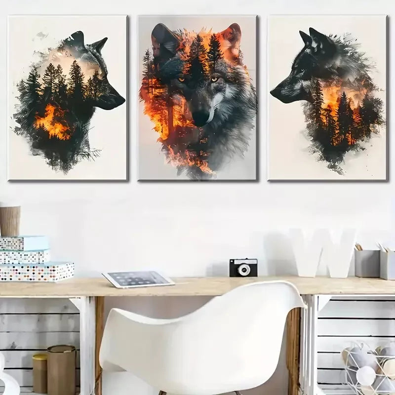 3-Piece Wolf Animal Abstract Forest Painting Wall Art Set - Framed Canvas 40x60cm - High Quality Print - 100% Australian Made - Ready to Hang - Perfect for Living Room, Bedroom & Office Decor