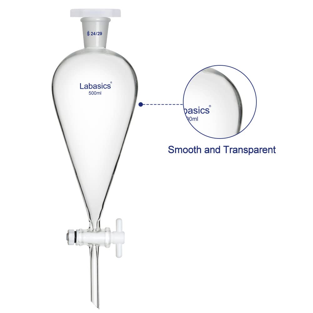 Labasics 500ml Heavy Wall Borosilicate Glass Conical Separatory Funnel with 24/29 Joints & PTFE Stopcock - Ideal for Chemistry Labs, Liquid Extraction, and Scientific Experiments