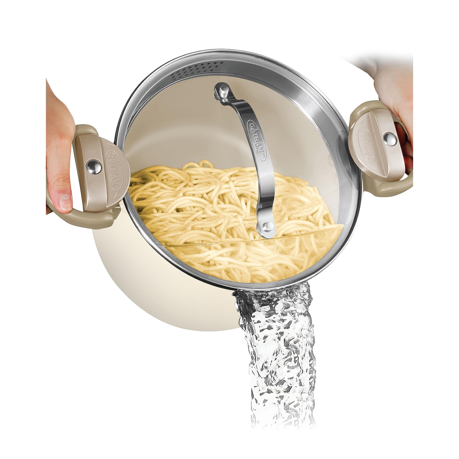 GOTHAM STEEL 5 Quart Ceramic Nonstick Stock Pot with Strainer Lid & Locking Handles - Multipurpose Pasta, Soup, Rice Cooker - Dishwasher Safe Kitchen Cookware (Cream) - Perfect for Family Dinners, Meal Prep & Entertaining