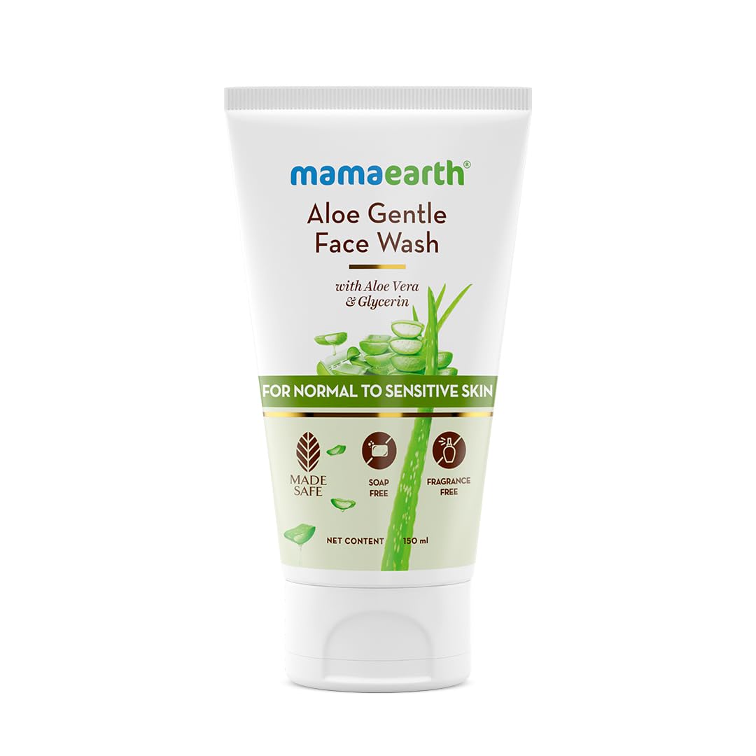 Mamaearth Aloe Vera & Glycerin Gentle Face Wash for Sensitive Skin - 150ml | Hydrating & Soothing Cleanser for Dry to Normal Skin | Fragrance-Free, Soap-Free, Non-Irritant | Perfect for Daily Skincare Routine & Post-Sun Care
