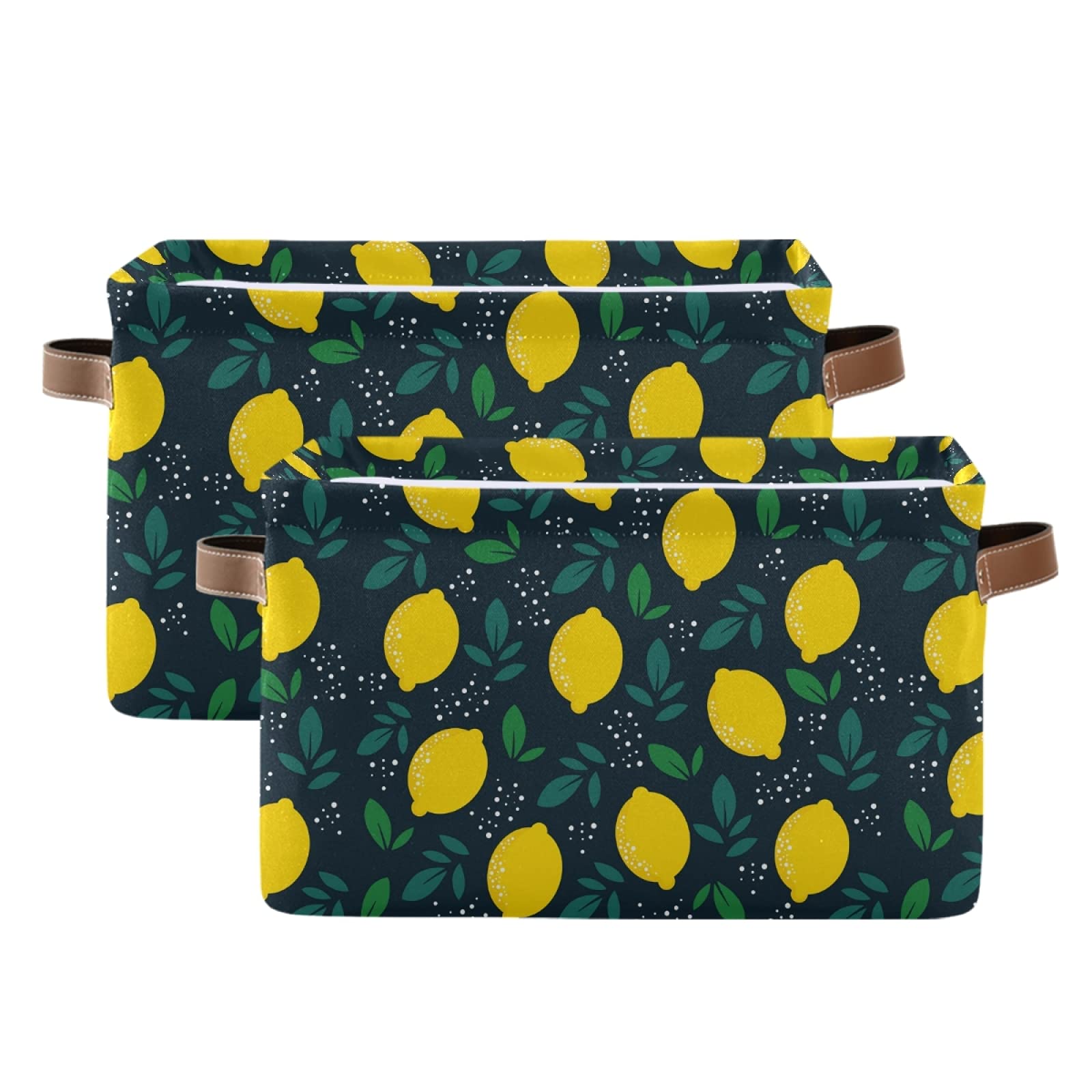 Foldable Storage Baskets for Shelves - 2 Pack Waterproof Collapsible Fabric Bins with Handles, Sturdy Canvas Storage Cubes for Home Organization - Perfect for Nursery, Closet & Shelf Storage (Lemon Color)