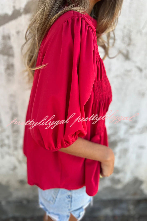 Solid Color Round Neck Button Pleated Short Sleeve Casual Shirt for Women - Summer Office Wear & Weekend Outfits