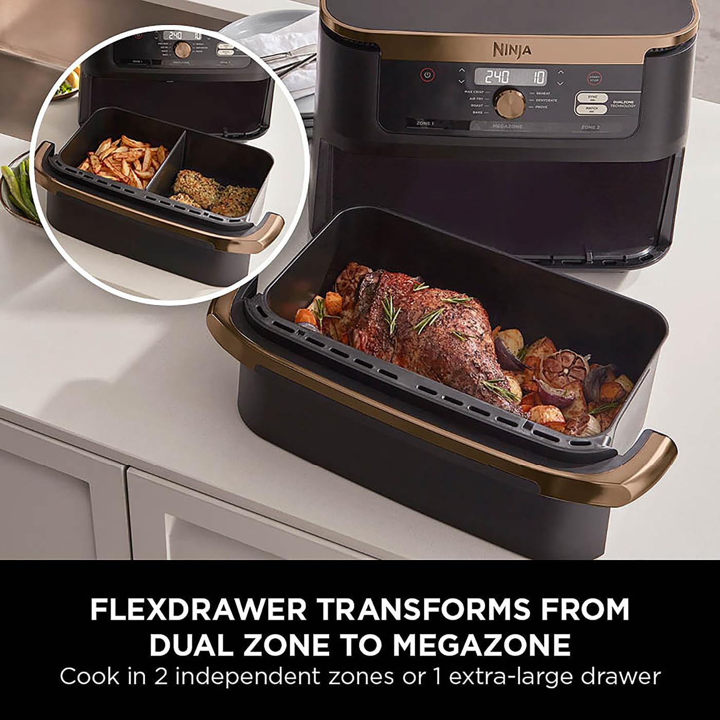 Ninja Foodi FlexDrawer Air Fryer - Dual Zone 10.4L Large Capacity with Removable Divider | 7-in-1 Multi Cooker for Air Frying, Roasting, Baking & Crisping | Non-Stick Dishwasher Safe Parts (Black/Copper) | Perfect for Family Dinners, Meal Prep & Healthy Cooking