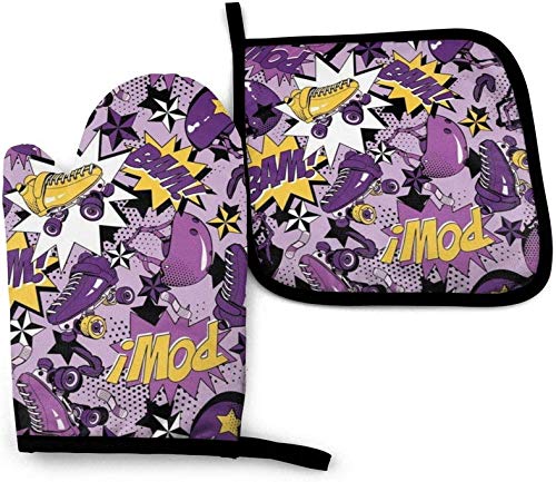 Hongee Roller Skate Pattern Waterproof Heat Resistant Oven Mitts & Potholders Set - BBQ, Grilling, Cooking, Baking - Perfect for Kitchen, Camping & Outdoor Use