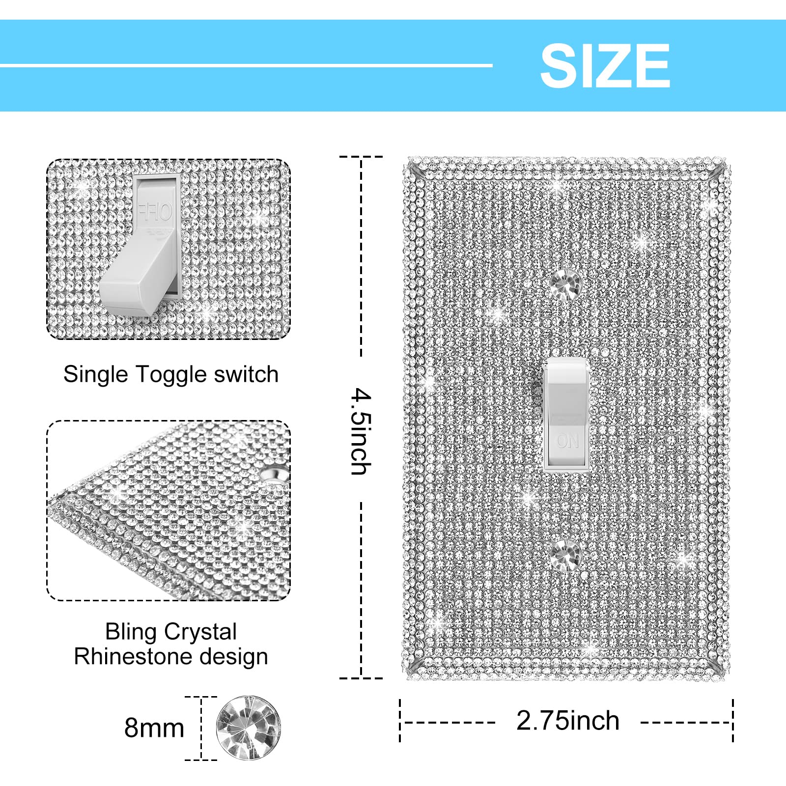 2 Pack Rhinestone Light Switch Covers - Stainless Steel Wall Plates with Bling Outlet Covers (4.5
