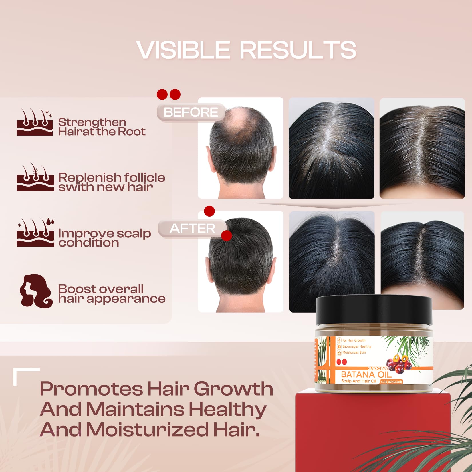 Organic SADOWAY Batana Oil for Hair Growth & Scalp Moisturizer - Prevent Hair Loss, Strengthen Hair Follicles - Natural Treatment for Men & Women - Perfect for Daily Hair Care & Scalp Massage