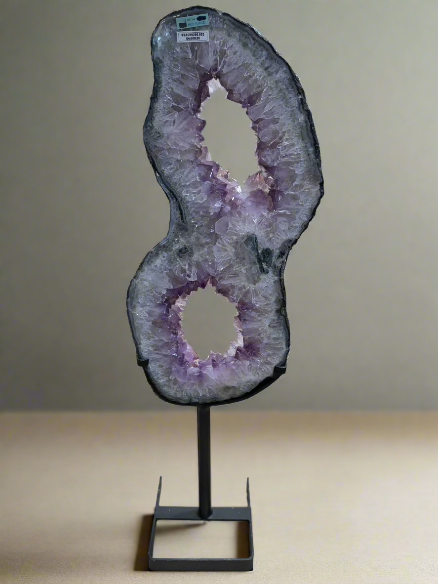 Natural Amethyst Geode Slice Ring from Brazil - Handcrafted Jewelry with Custom Wood Stand (38mm/35mm) - Perfect for Home Decor, Meditation Spaces & Unique Gifts