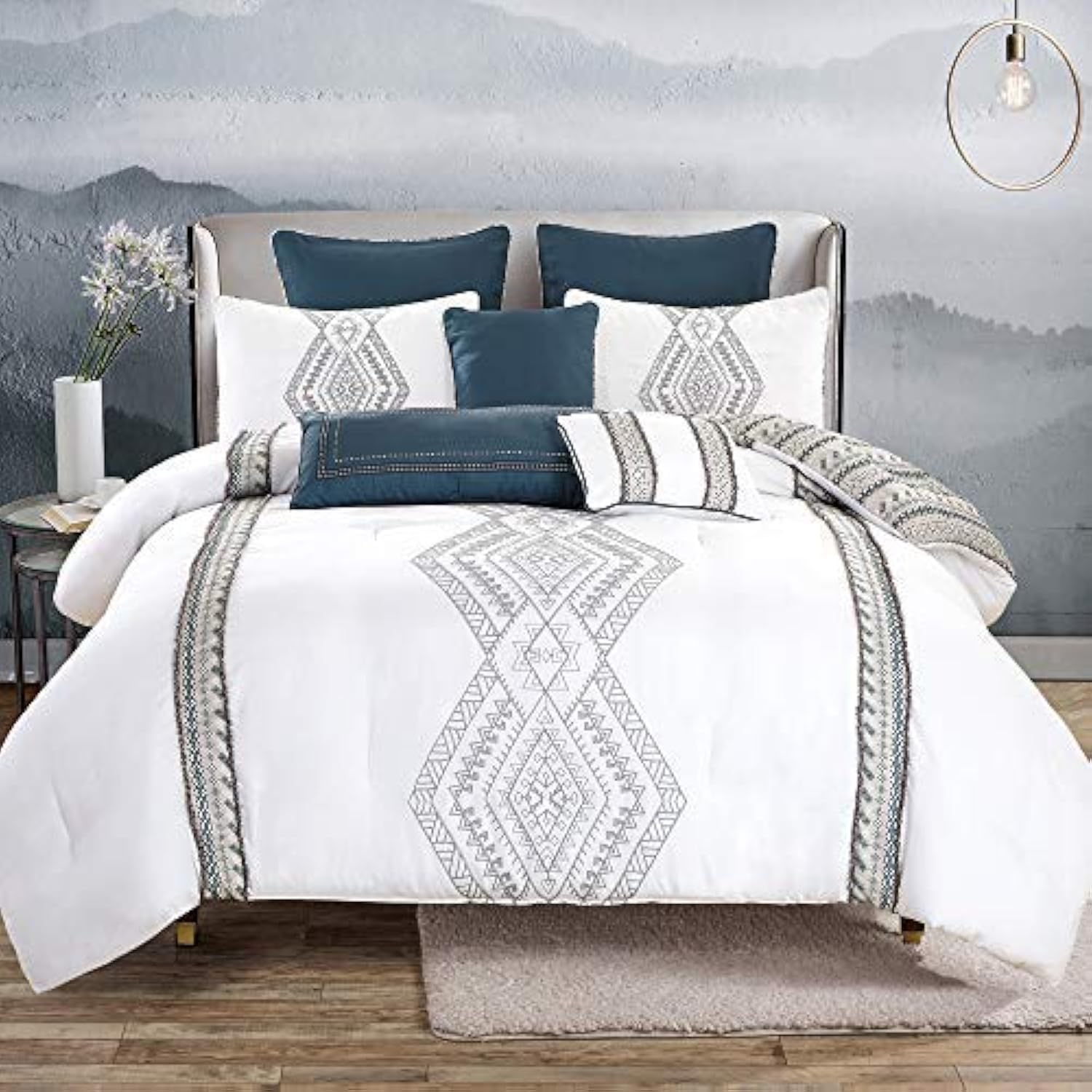 Luxury 8-Piece Queen Comforter Set - Modern White Gray Navy Pattern Bedding Collection with Shams & Cushions | Soft Full/Queen Size Bed in a Bag for Cozy Bedroom & Guest Room Decor