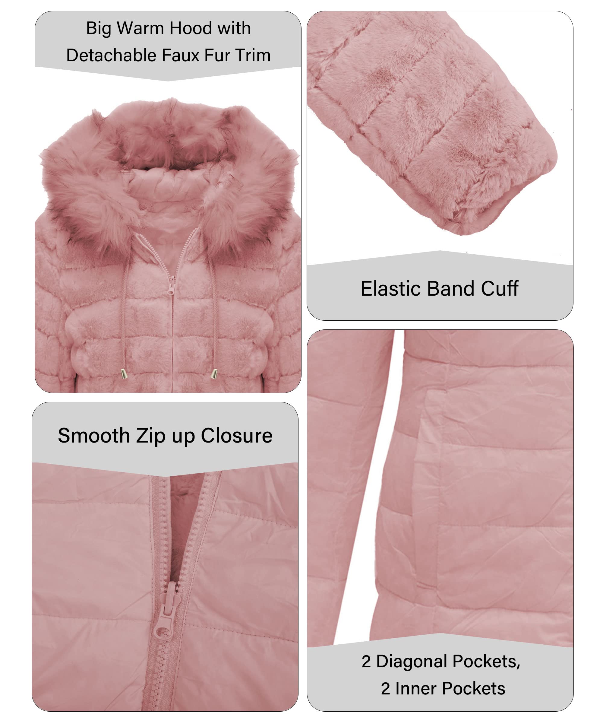 Bellivera Women's Reversible Faux Fur Jacket - Winter & Spring Hooded Puffer Coat with Detachable Fur Collar | Warm Fashion Outerwear for Casual Wear, Street Style & Cold Weather Protection