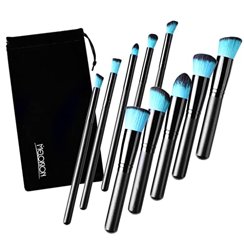 10-Piece Professional Makeup Brush Set - Wood Handle Kabuki, Foundation, Blending, Blush, Concealer, Eye & Face Brushes for Liquid, Powder & Cream Cosmetics - Includes Zipper Bag (Black) - Perfect for Makeup Artists, Travel & Everyday Beauty Routine