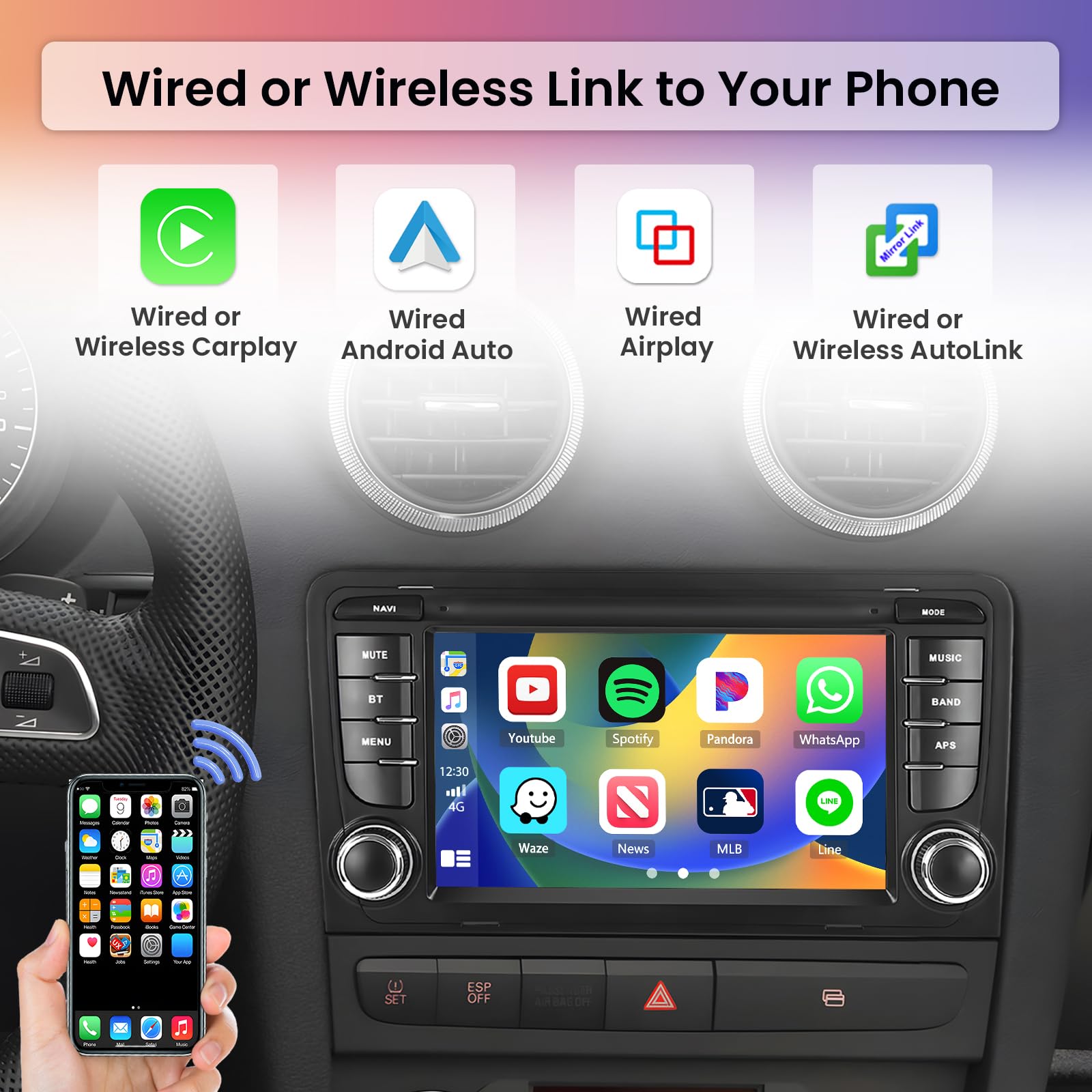 Android Car Stereo for Audi A3 S3 RS3 - 7 Inch Touchscreen Radio with 2+64GB, Wireless CarPlay & Android Auto, GPS Navigation, WiFi, Bluetooth, FM, EQ, Backup Camera - Perfect for Commuting & Road Trips