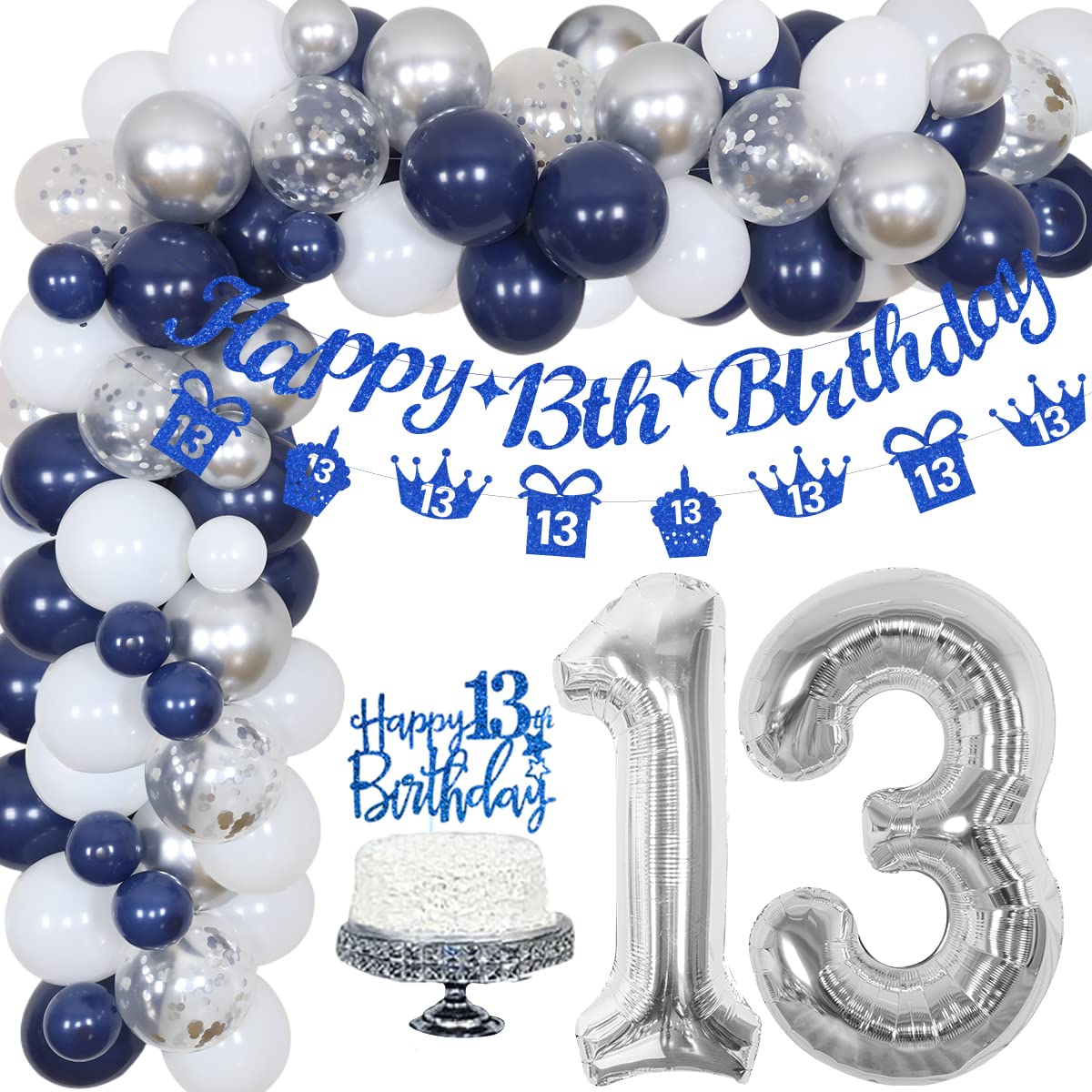 Navy Blue & Silver 13th Birthday Balloon Garland Kit with Banner & Cake Topper - Perfect for Boys & Girls Teen Birthday Party Decorations - Ideal for Home, School & Celebration Decor