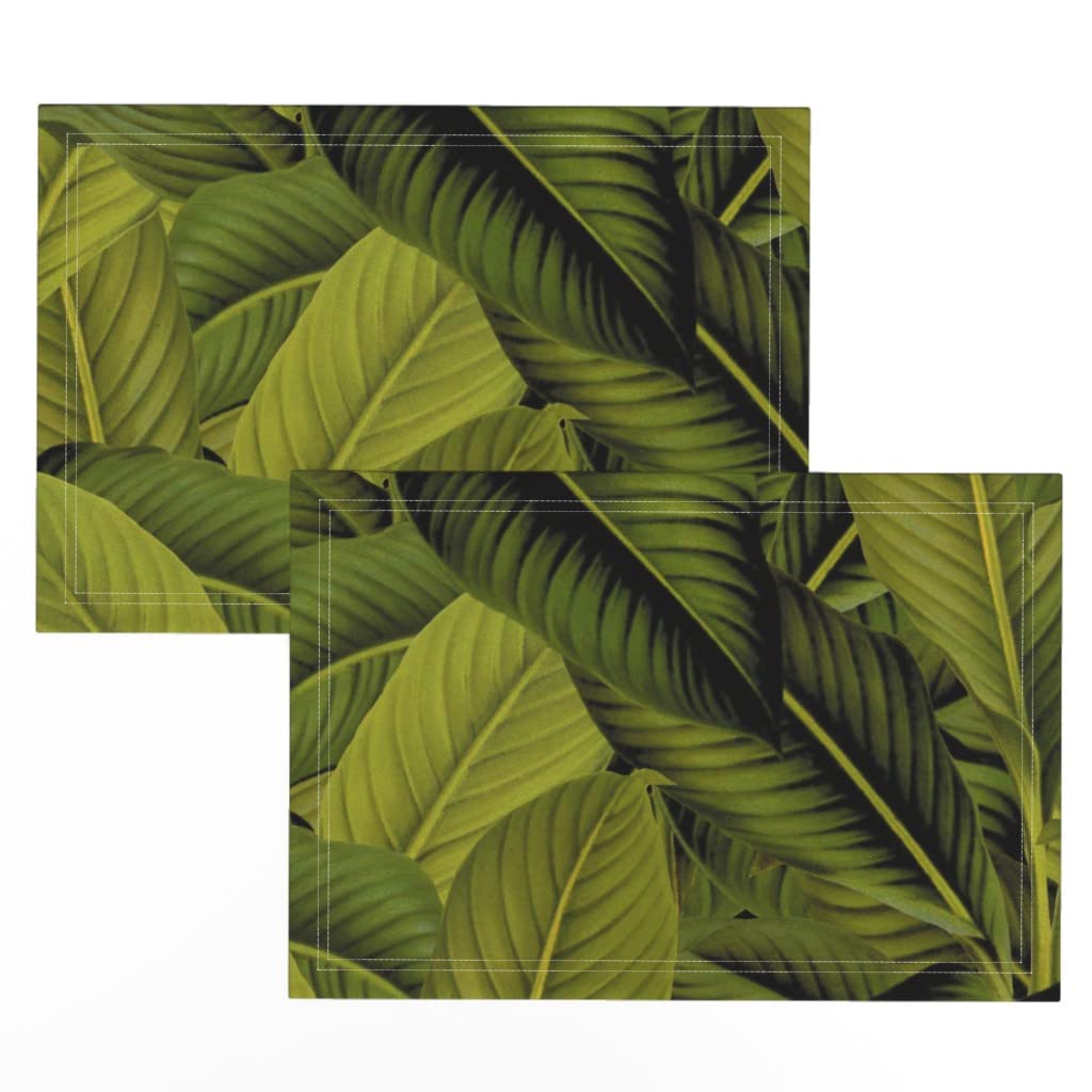 Eco-Friendly Linen Cotton Canvas Placemats Set of 2 - Tropical Palm Leaf Botanical Print Table Mats for Dining, Kitchen Decor, and Party Settings