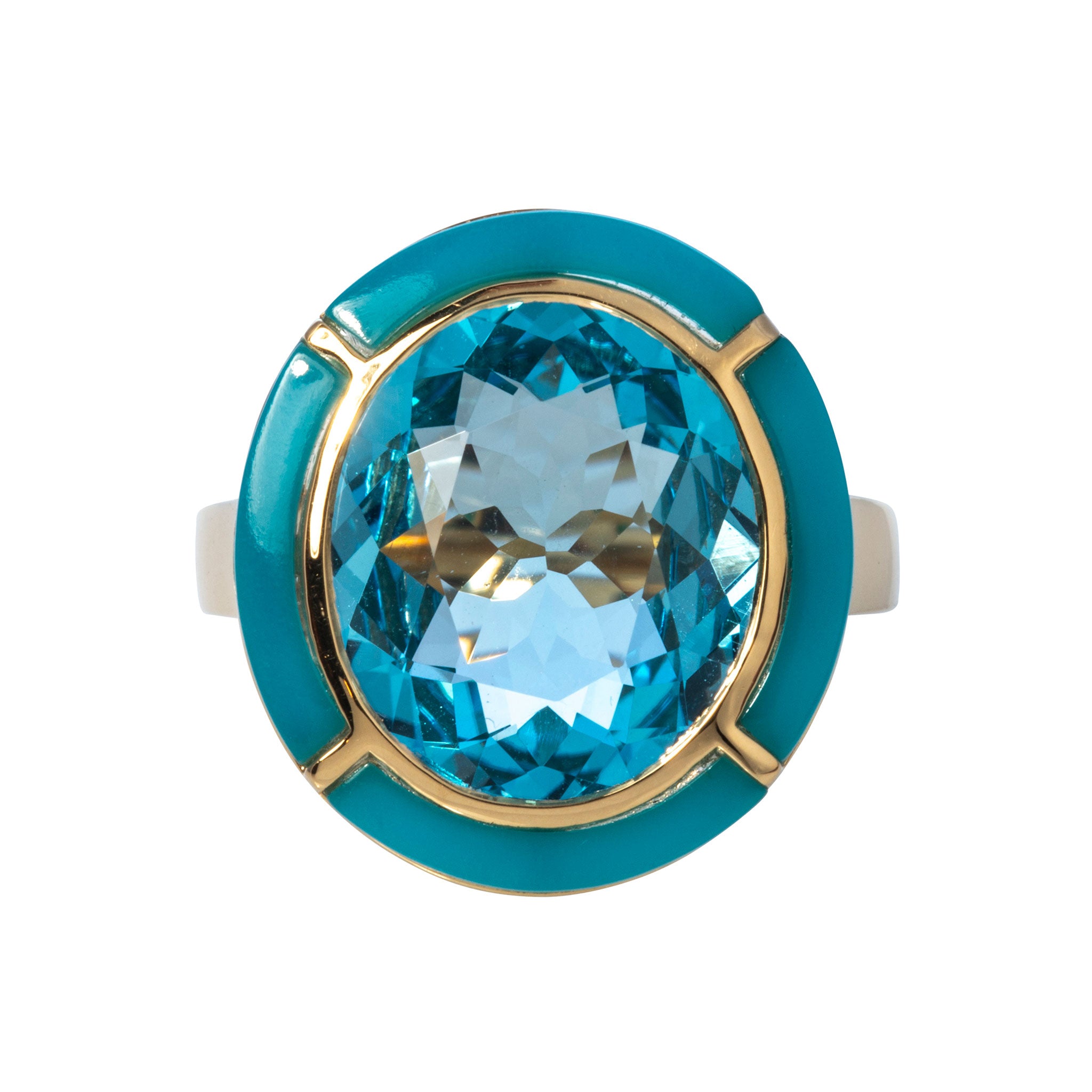 Goshwara Oval Blue Topaz & Turquoise Inlay 18K Gold Ring for Women - Elegant Statement Jewelry for Weddings, Parties & Special Occasions