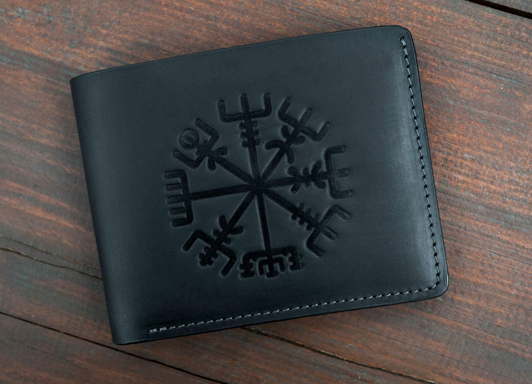 Genuine 100% Real Leather Handmade Vegvisir Wallet for Men - RFID Blocking Bifold Wallet with Viking Compass Symbol - Premium Black Leather Gift for Dad, Husband, Boyfriend - Perfect for Everyday Use, Travel & Business