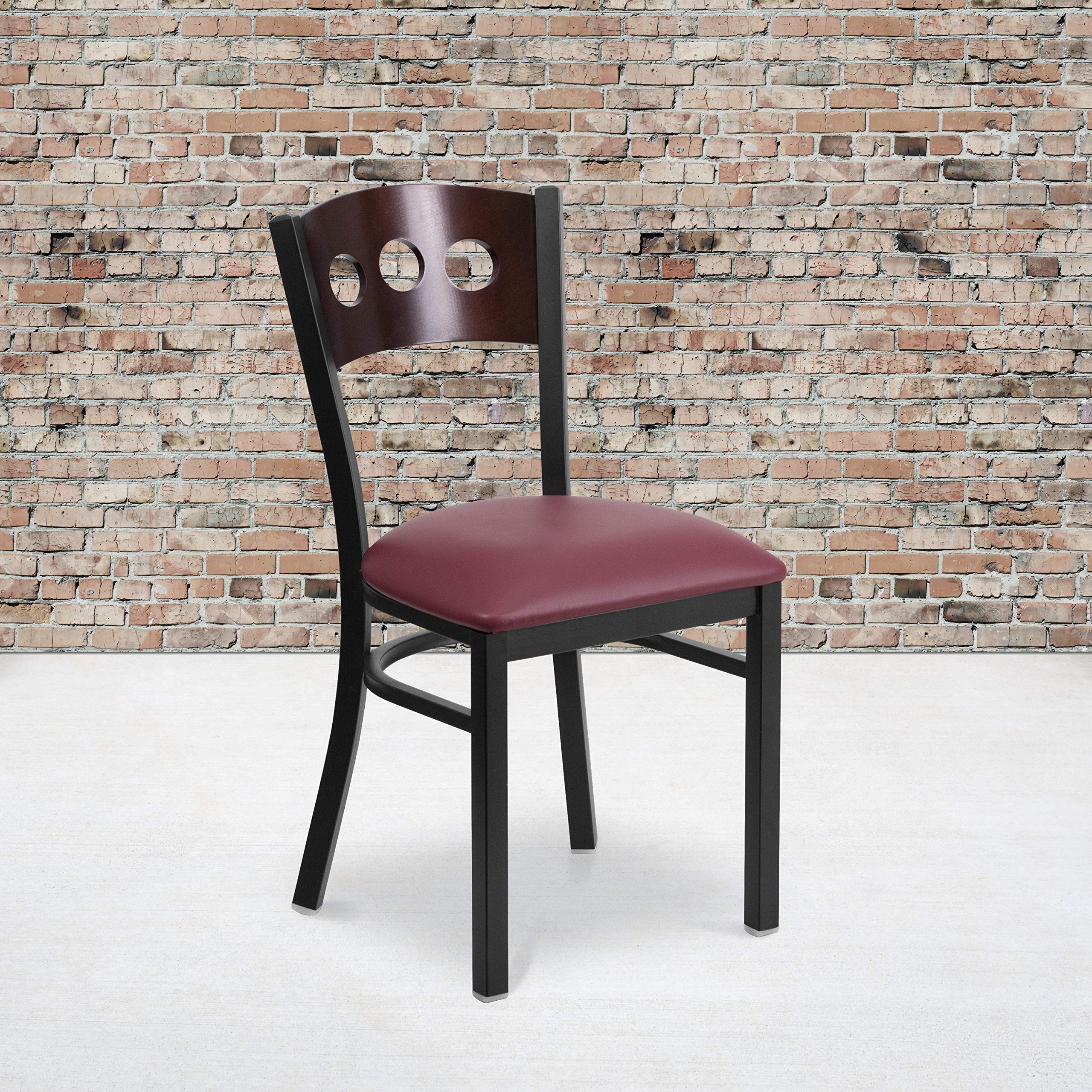 Flash Furniture 2-Pack HERCULES Series Black Metal Restaurant Chairs with Walnut Wood Back & Burgundy Vinyl Seat - Durable Commercial Dining Chairs for Restaurants, Cafes, and Event Venues