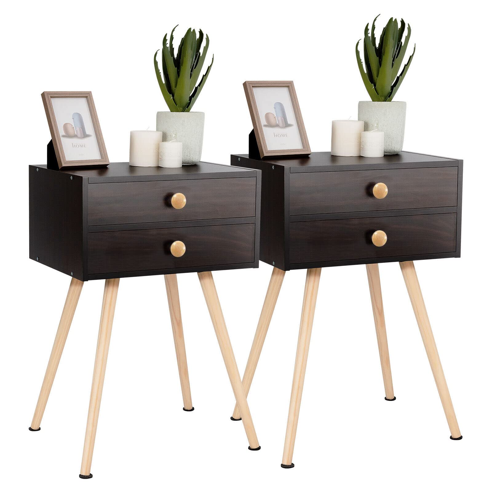Giantex Modern Nightstand with 2 Drawers - Bedroom Side Table with Natural Wood Legs, Espresso Finish - Perfect for Small Spaces, Living Room & Home Office Storage