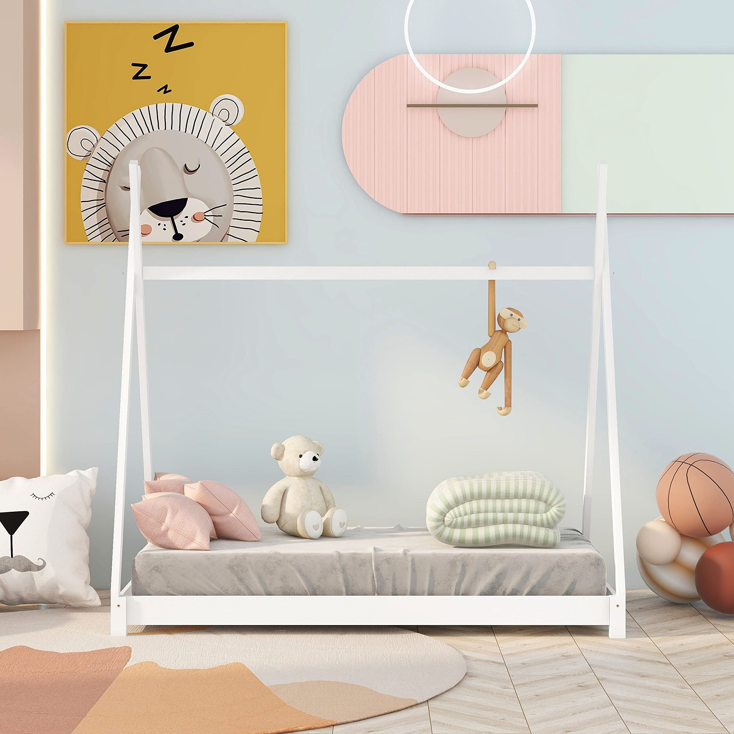 MERITLINE Twin Size Kids House Bed - Playhouse Wood Floor Bed Frame with Tent for Boys & Girls, White - Perfect for Bedrooms, Playrooms & Sleepovers