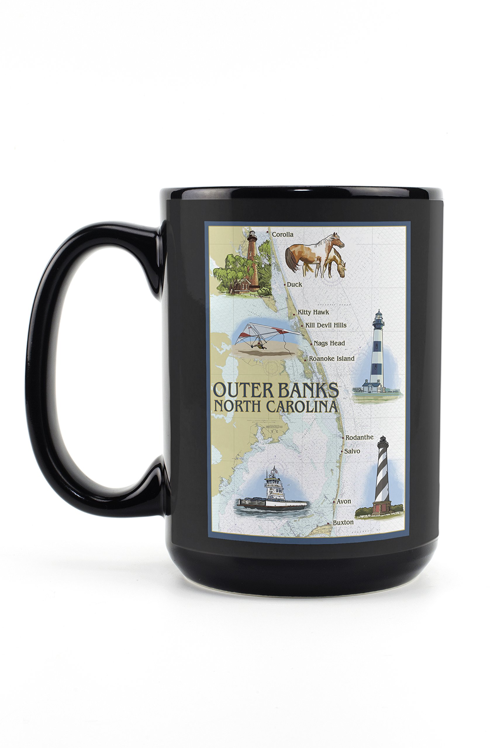 Lantern Press Outer Banks North Carolina Nautical Chart Mug - 15oz Black Ceramic Coffee & Tea Cup - Dishwasher & Microwave Safe - Perfect for Beach House, Office & Gift Giving
