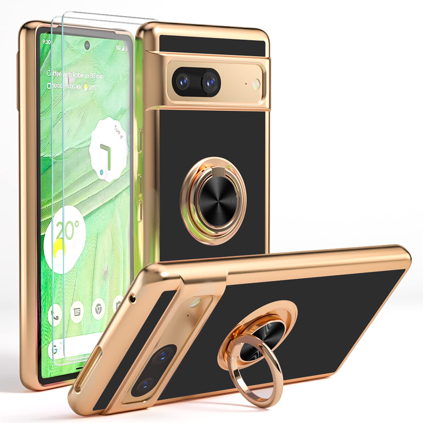 Google Pixel 7 Phone Case with 2 Screen Protectors & Rose Gold Ring Holder - Slim Flexible TPU Protective Cover with 360° Kickstand for Women (Black) | Perfect for Work, Travel & Everyday Use