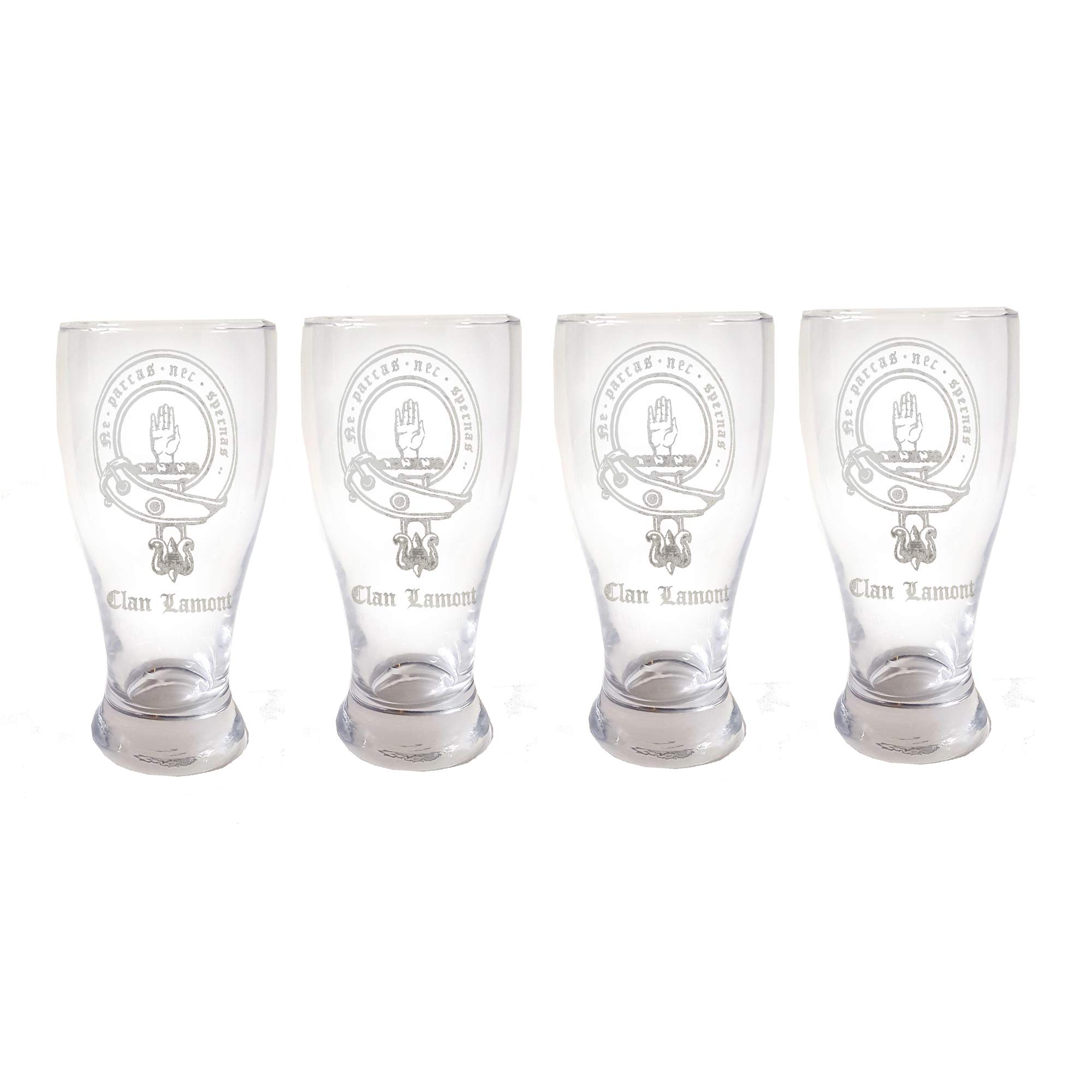 Clan Lamont Scottish Crest Pint Glass Set of 4 - Free Personalized Engraving | Whiskey, Beer & Pub Drinking Glasses | Perfect for Scottish Heritage Gifts, Home Bar & Celtic-Themed Parties
