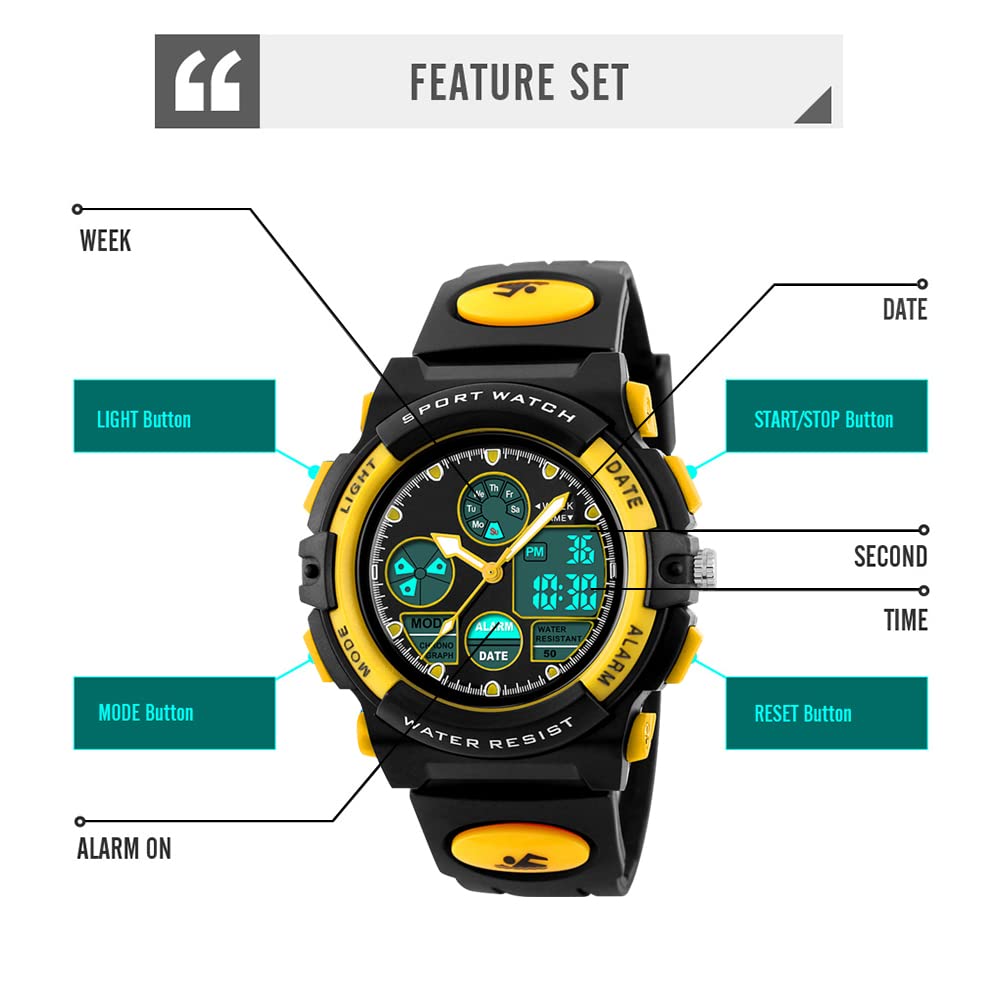 PASNEW Kids Sports Watch for Boys - Waterproof LED Digital Watch with 50M Water Resistance, Alarm, Calendar & Luminous Yellow Dial - Perfect for Outdoor Activities, Swimming & School Use