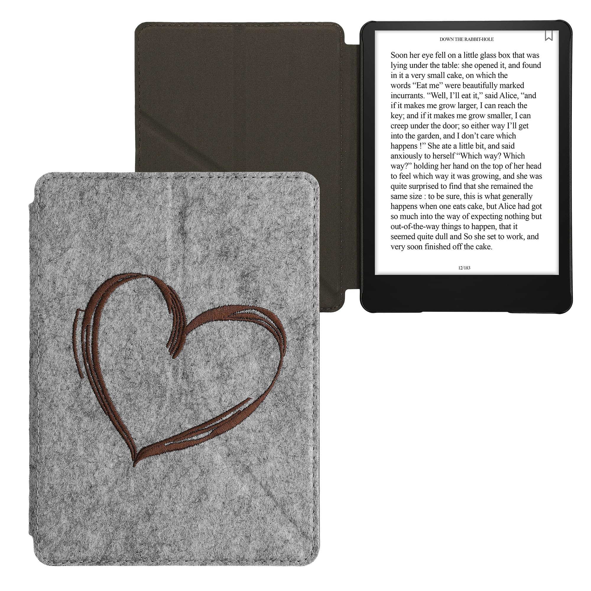 Premium Felt Origami Case for Amazon Kindle Paperwhite 11th Gen (2021) - Protective Stand Cover in Dark Brown with Brushed Heart Design - Perfect for Reading, Travel & Home Use