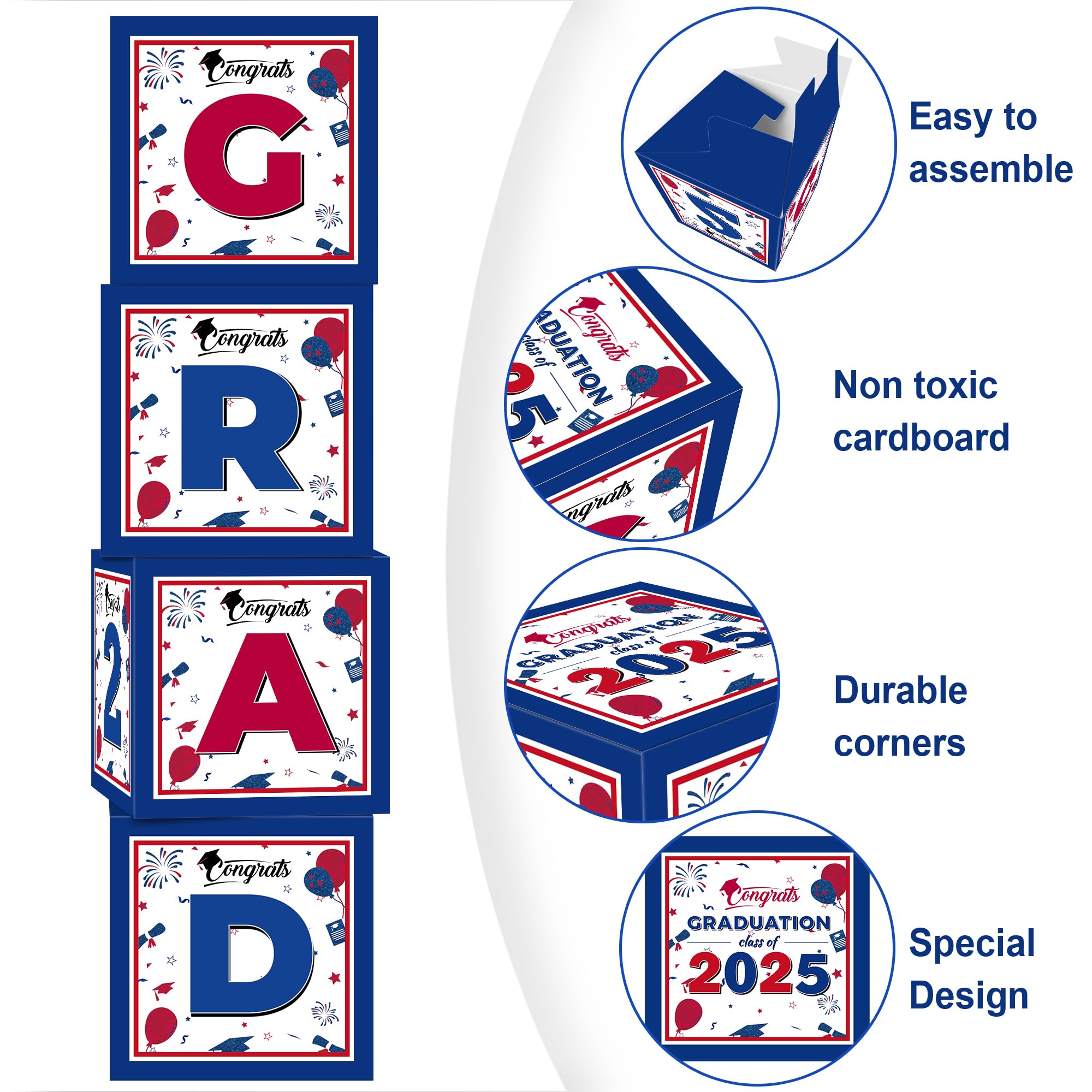 2025 Graduation Balloon Decorations - 4 Pcs Red & Blue Graduation Balloon Boxes for High School & College Graduation Party Supplies | Perfect for Class of 2025 Decor, Graduation Ceremony & Celebration Decorations