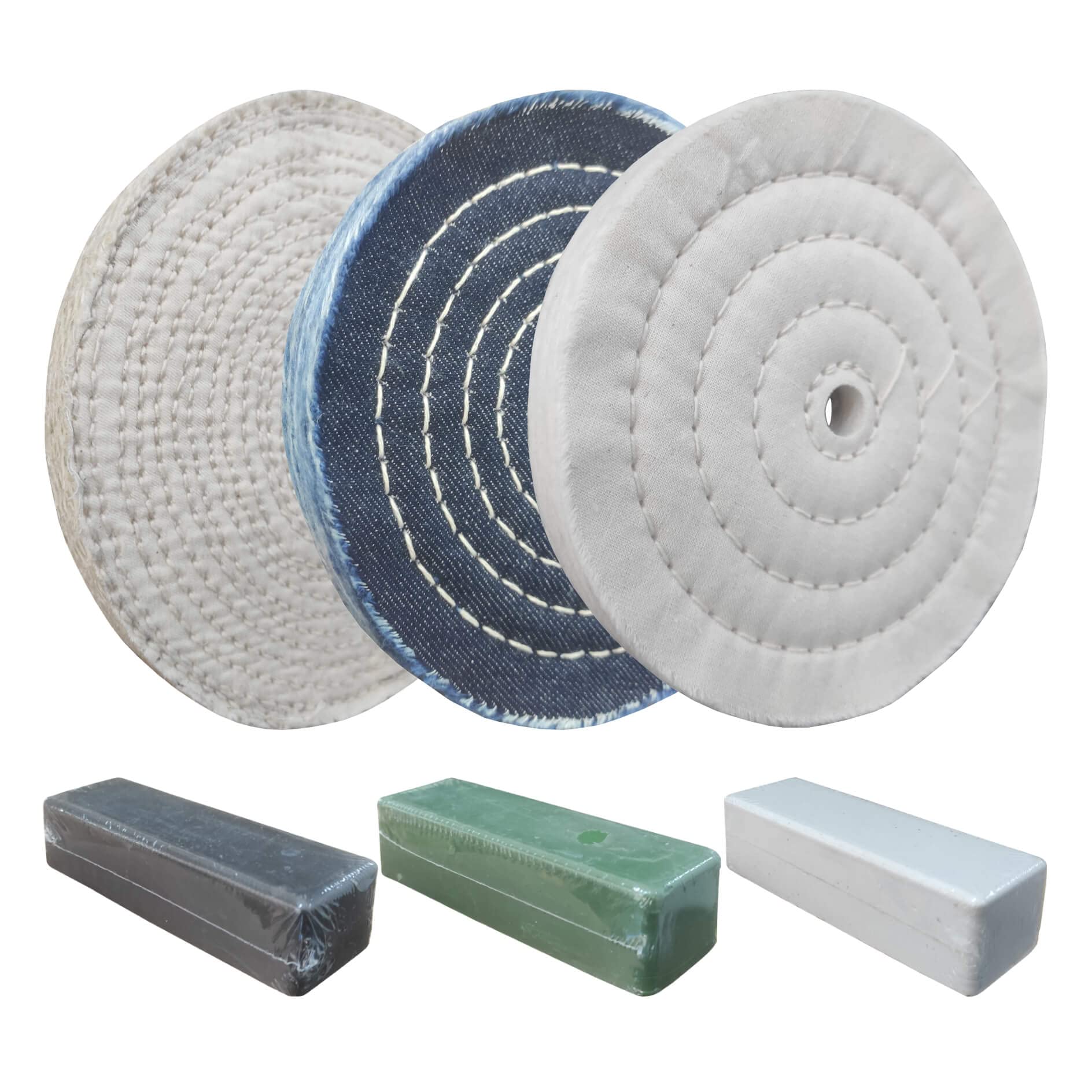 6PC 6 Inch Stainless Steel Polishing Buffing Wheel Kit for Bench Grinder - Includes 1/2 Inch Arbor Hole Sisal, Denim & Cotton Wheels + 100g Black/Green/White Polishing Compound Bars - Perfect for Metal Polishing, Jewelry Making & DIY Projects
