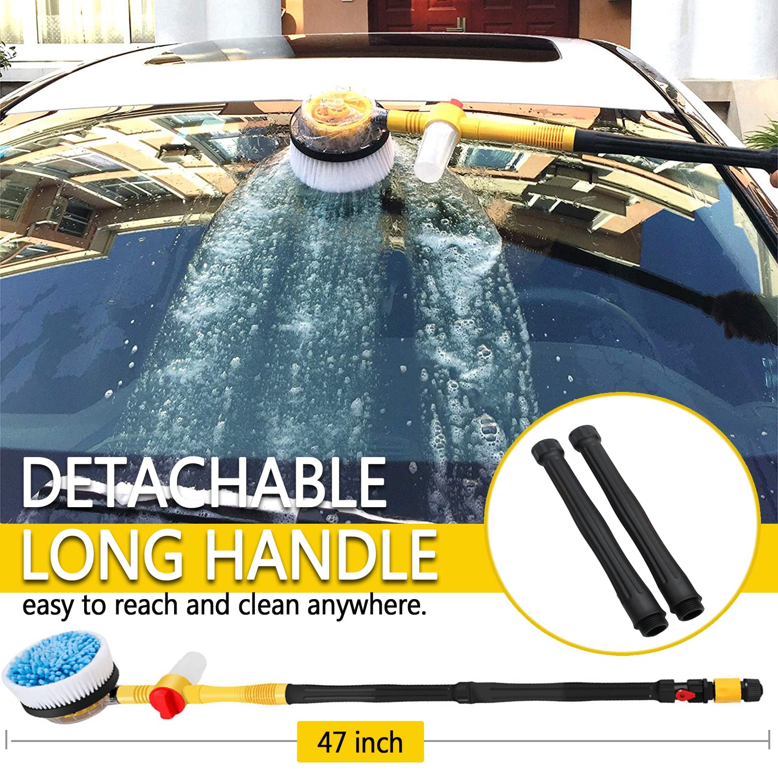 360 Spin Car Wash Brush with Soap Dispenser & Hose Attachment - Soft Bristle Cleaning Brush Mop for Cars, Trucks, SUVs - Long Handle Flow Through Wash Kit (Yellow) - Perfect for Driveway Washing & Auto Detailing