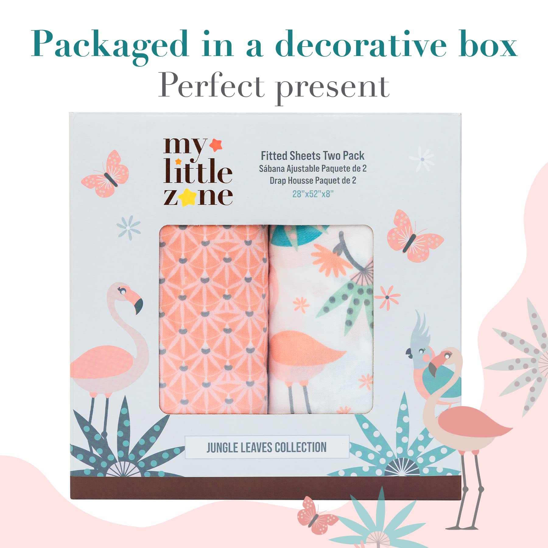 My Little Zone 100% Cotton Crib Fitted Sheets for Baby Girls - Soft Flamingo & Jungle Leaves Print, Breathable Toddler Bed Sheet Set, 28x52 Inches with 8