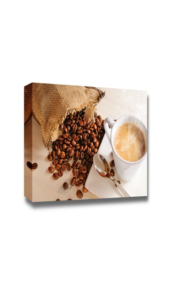 Premium Canvas Wall Art - Hot Coffee Cup on White Wooden Table with Coffee Beans Sack Closeup - 32x48 Inches - Perfect for Kitchen Decor, Coffee Shop Wall Art, Office & Home Decoration