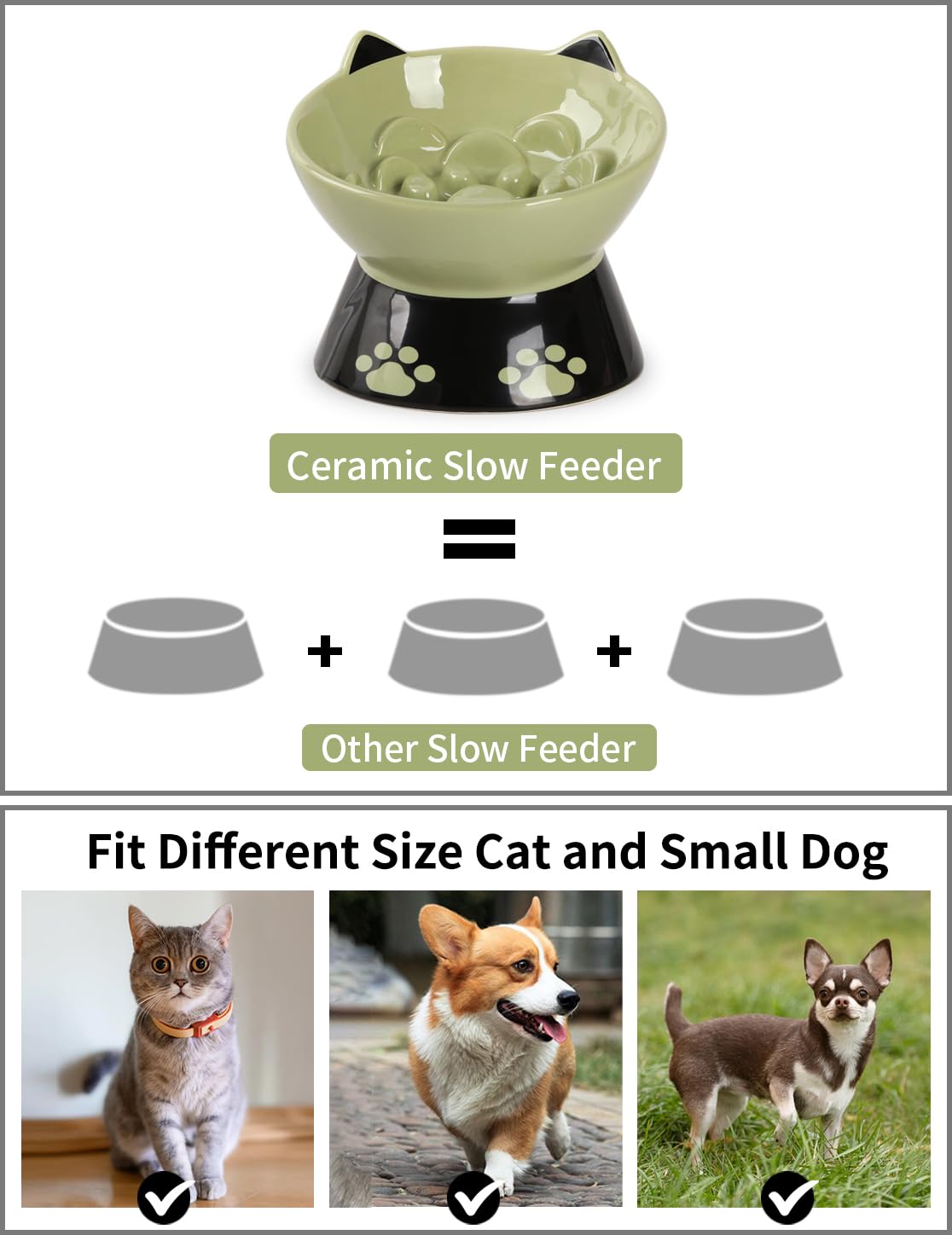 Happy Kit Slow Feeder Dog Bowl - 6 Inch Non-Slip Silicone Base Cat Food Dish with Elevated Design for Better Digestion - Anti-Vomiting Ceramic Pet Bowl for Dry & Wet Food (Green) - Perfect for Fast Eaters & Mealtime Enrichment