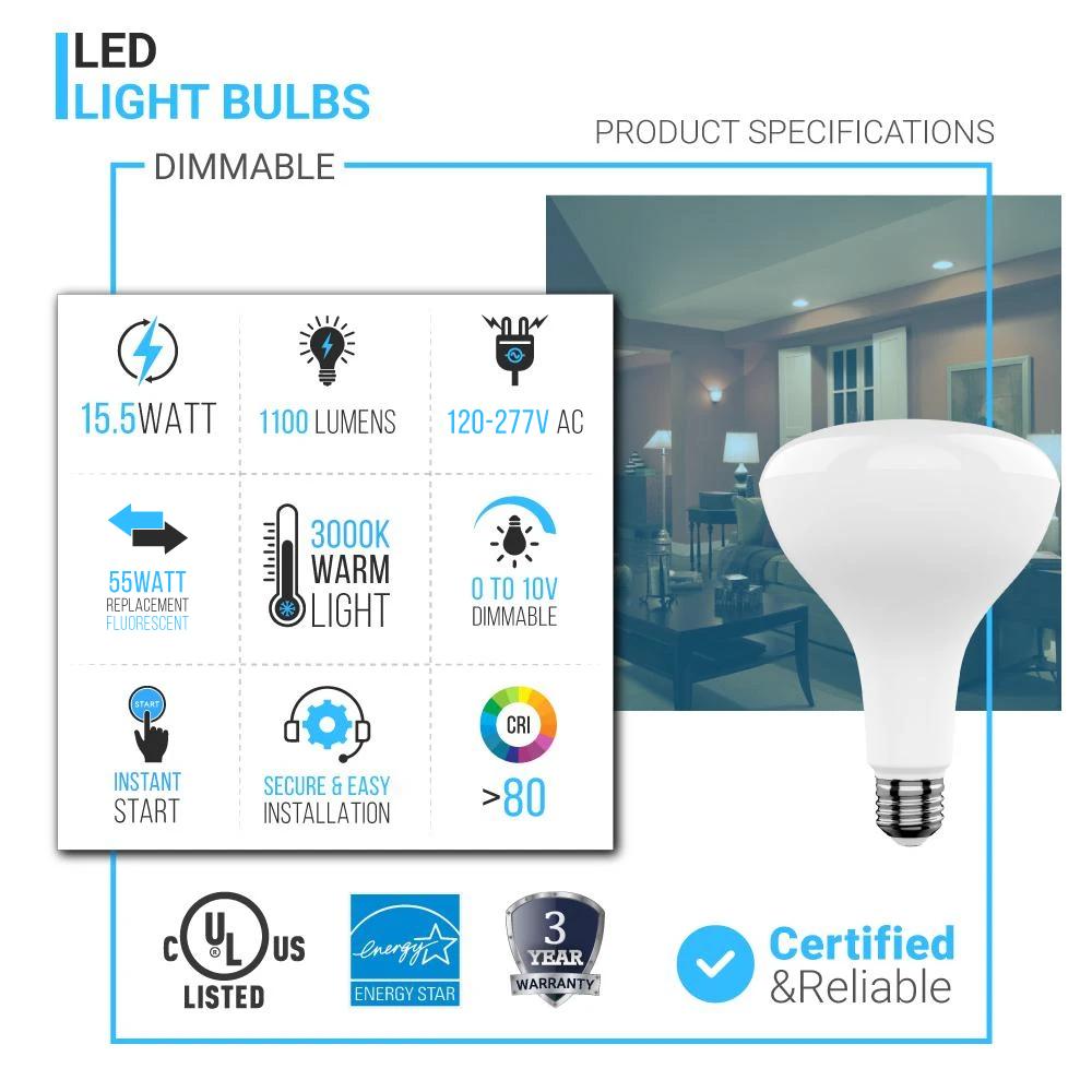 15.5W BR40 LED Light Bulbs - 3000K Warm White, Dimmable, 1100 Lumens, E26 Base - Perfect for Living Rooms, Bedrooms & Dimmable Lighting Fixtures