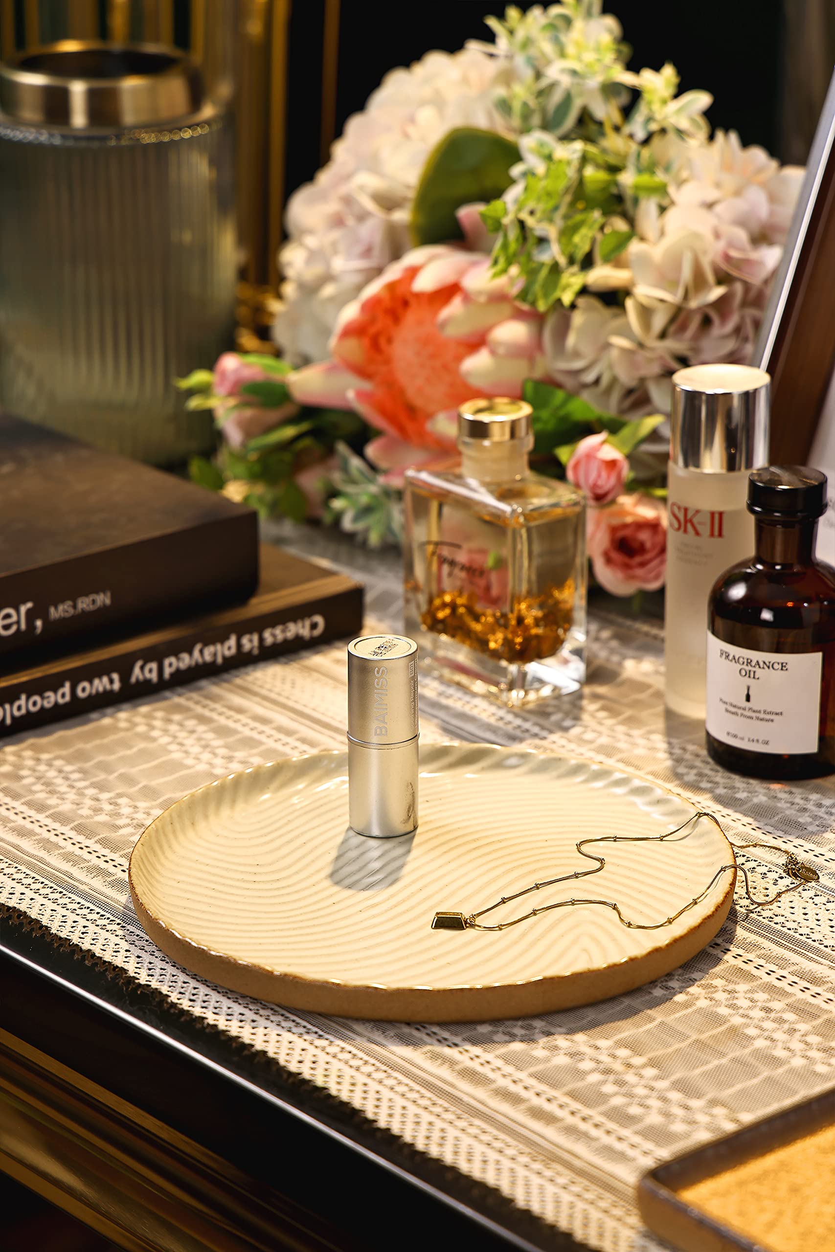 Elegant White Round Vanity Tray with Brown Trim - 8