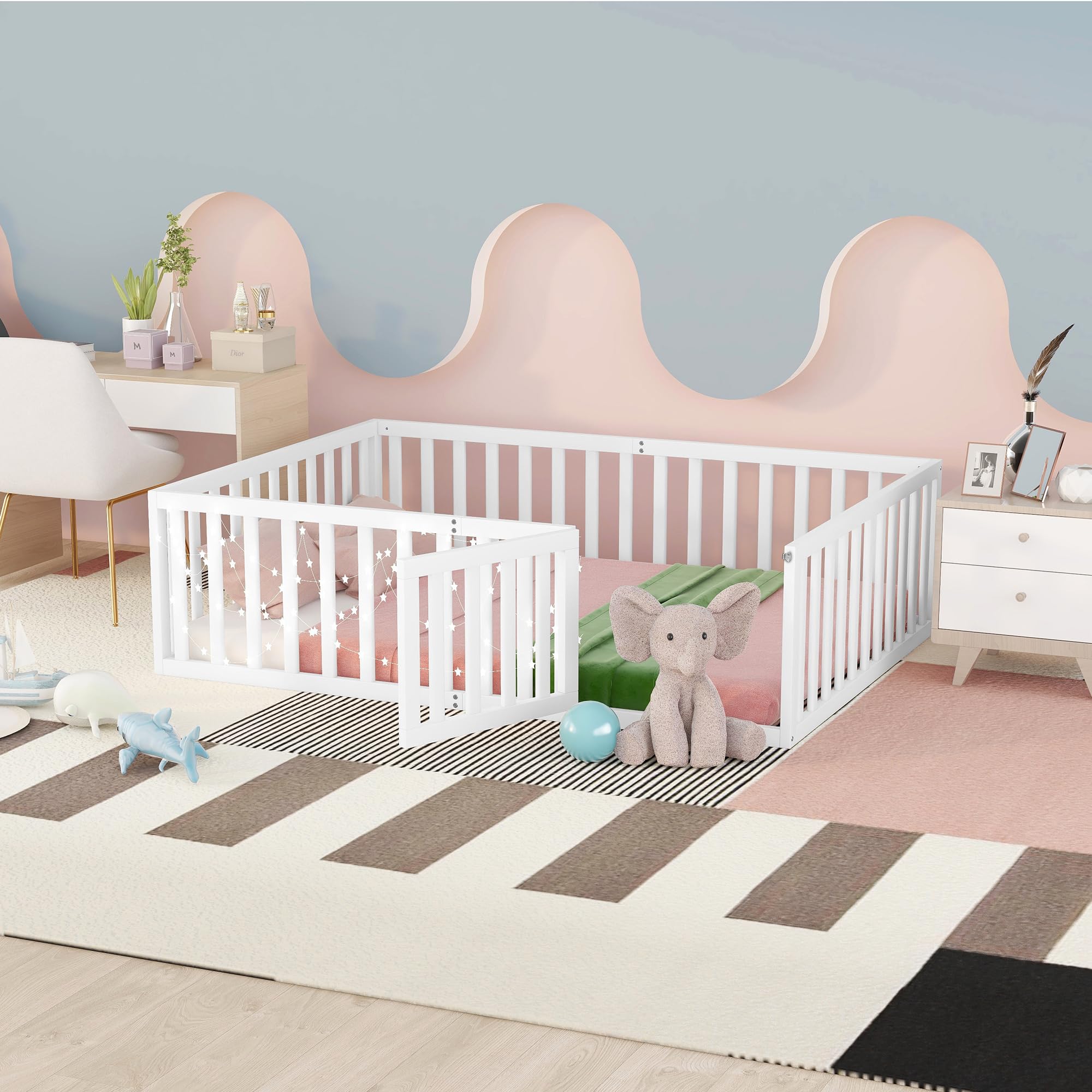 Montessori Floor Bed for Kids - Full Size Wooden Bed Frame with Safety Fence & Small Door - Durable Toddler Bed for Girls, Boys & Teens - White (No Bed Slats) - Perfect for Montessori Rooms, Daycare Centers & Kids' Bedrooms