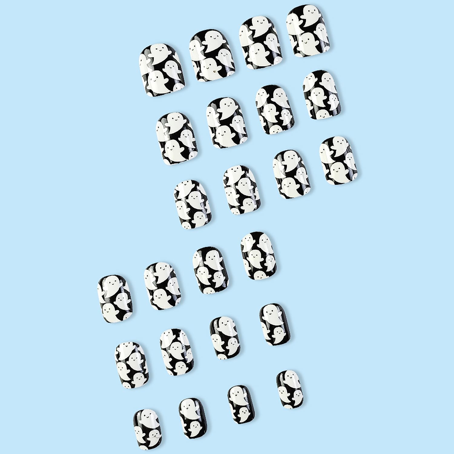 24 Pcs Halloween Press on Nails - Short Square Fake Nails Glow in Dark with Cute Ghost Design | Acrylic False Nails for Women | Reusable Stick on Nails for Parties, Cosplay & Halloween Costumes