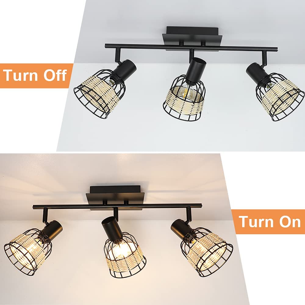 Depuley 3-Way Adjustable Ceiling Light Fixture - Black Metal & Woven Lampshade Spotlight for Kitchen, Living Room, Bedroom, Dining Room, Hallway (Bulbs Not Included) | Modern Lighting for Home Decor & Ambient Illumination
