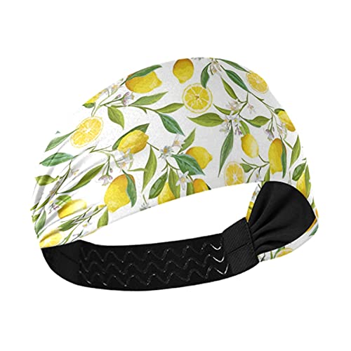 Yellow Lemon with Green Leaves & White Flowers Women's Headband - Stretchy Breathable Yoga Headwrap for Workout, Exercise & Sports | Sweat-Wicking Hair Band & Fashionable Head Scarf for Running, Gym & Outdoor Activities
