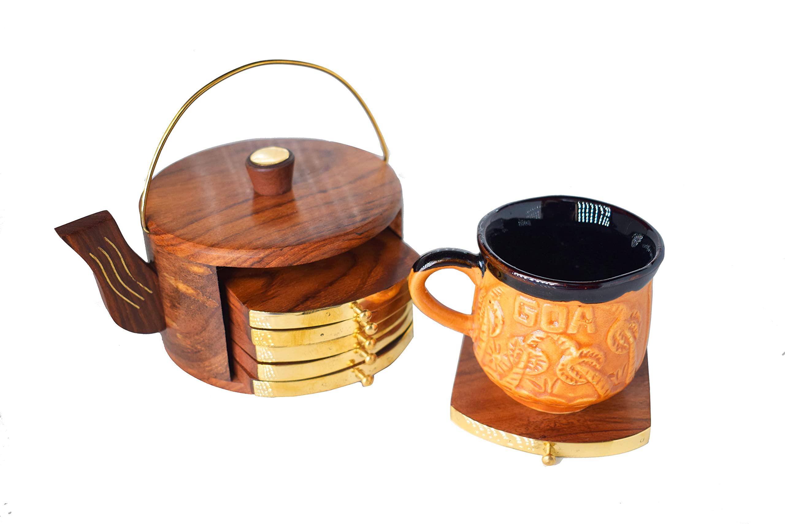 Premium Wooden Kettle-Shaped Coasters Set of 6 - Natural Wood Drink Coasters for Tea Cups, Coffee Mugs & Beer Glasses - Elegant Bar & Table Protection - Perfect for Home, Office & Restaurant Use
