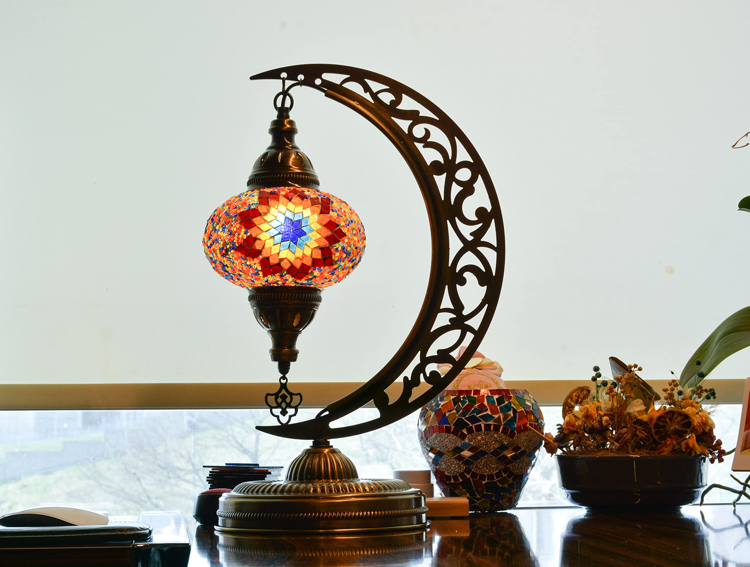Mozaist Turkish Tiffany Style Moon Shape Table Lamp - Handcrafted Moroccan Mosaic Crescent Desk Light with Stained Glass, E12 Socket & US Plug | Rustic Home Decor for Bedroom, Living Room & Dining Room (Sunflower Design)