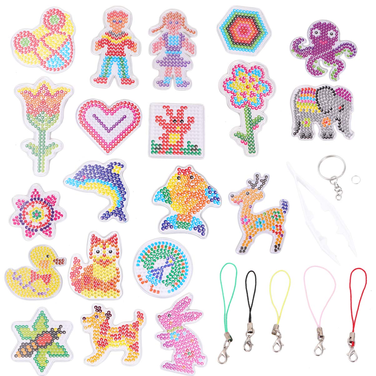 EXCEART 64pcs Fuse Beads Kit with Colorful Beads, Tweezers, Clear Plastic Pegboards & Key Rings - DIY Craft Trays & Templates for Kids Art Projects, Party Favors & Creative Gift Making