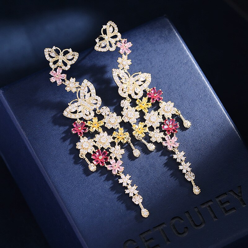 925 Sterling Silver Butterfly Flower Earrings with Zircon - Elegant Bridal Wedding Jewelry for Women, Perfect for Dinner Parties, Prom & Special Occasions