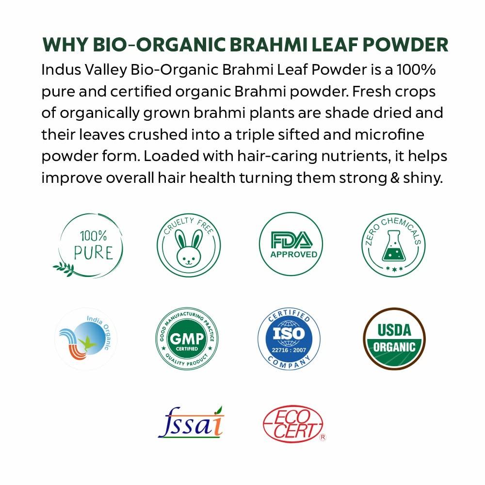 INDUS VALLEY 100% Organic Brahmi Powder | Bacopa Monnieri for Hair Growth & Scalp Care - Natural Ayurvedic Hair Treatment (100g) | Promotes Healthy Hair, Reduces Dandruff & Stimulates Follicles - Perfect for DIY Hair Masks & Ayurvedic Hair Care Routines