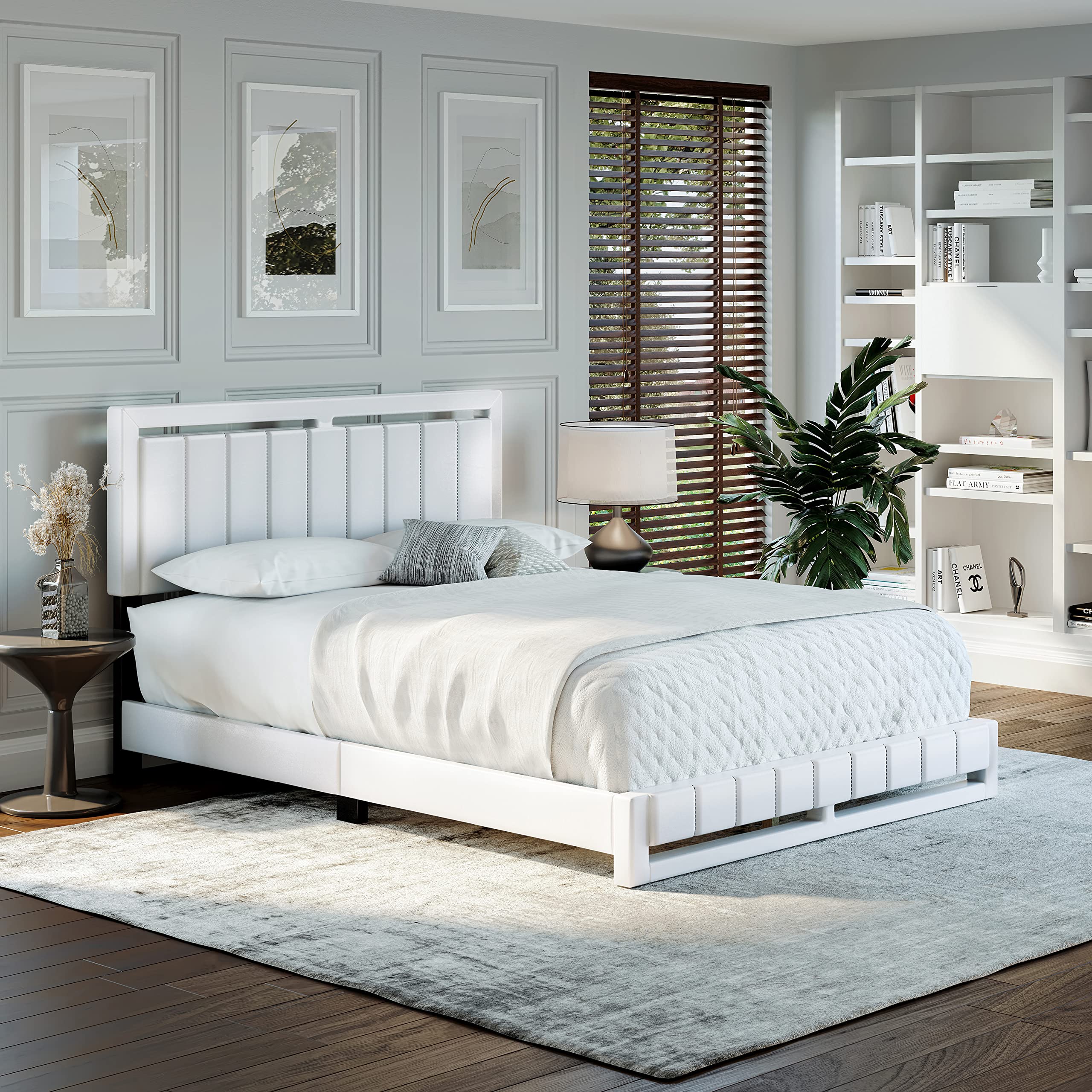 Boyd Sleep Beaumont Upholstered Platform Bed Frame with Headboard - No Box Spring Needed - Faux Leather White Full Size Bed for Modern Bedroom & Guest Room