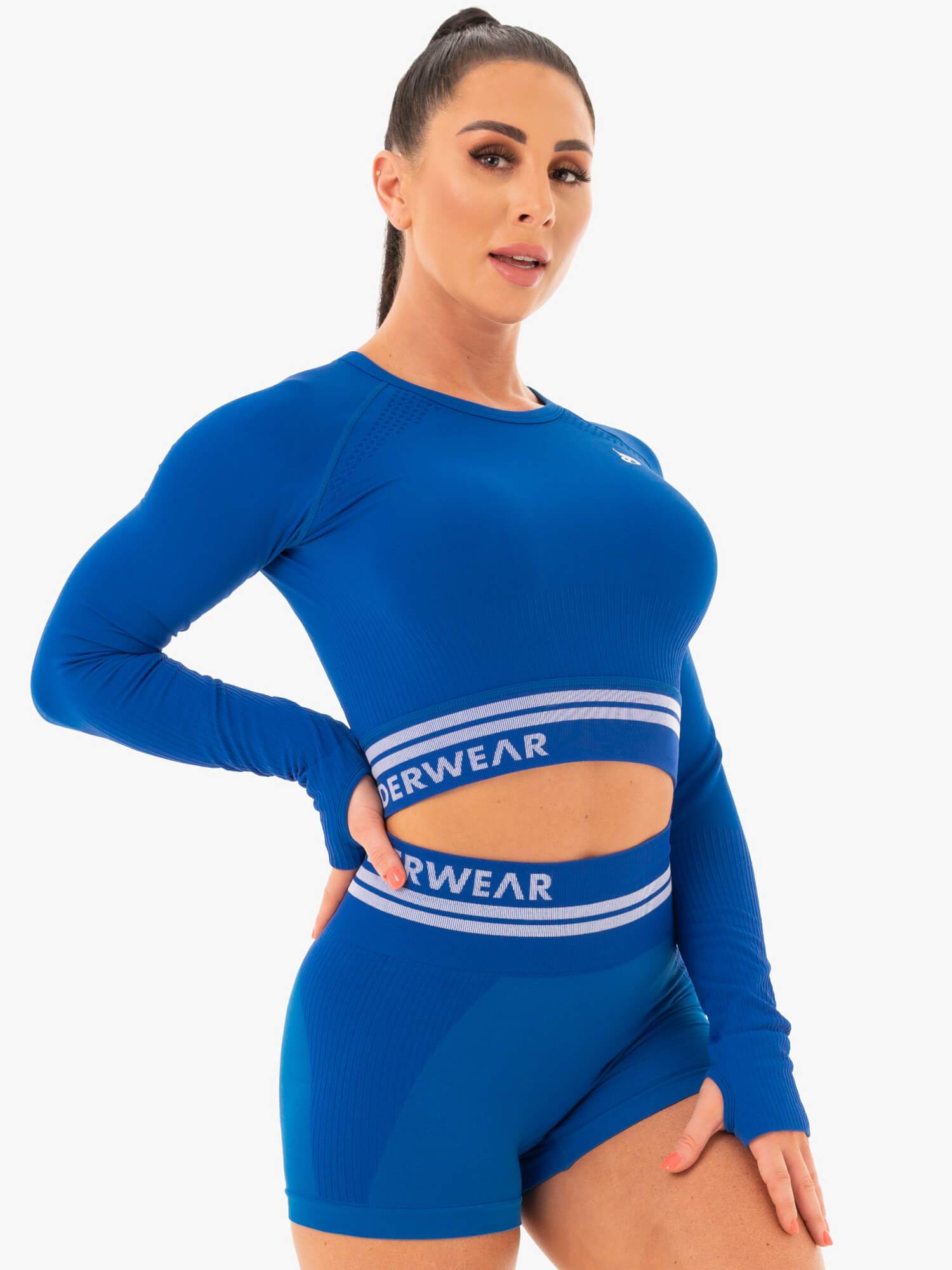 Freestyle Seamless Long Sleeve Crop Top - Blue | Women's Athletic Workout Shirt for Yoga, Running & Gym