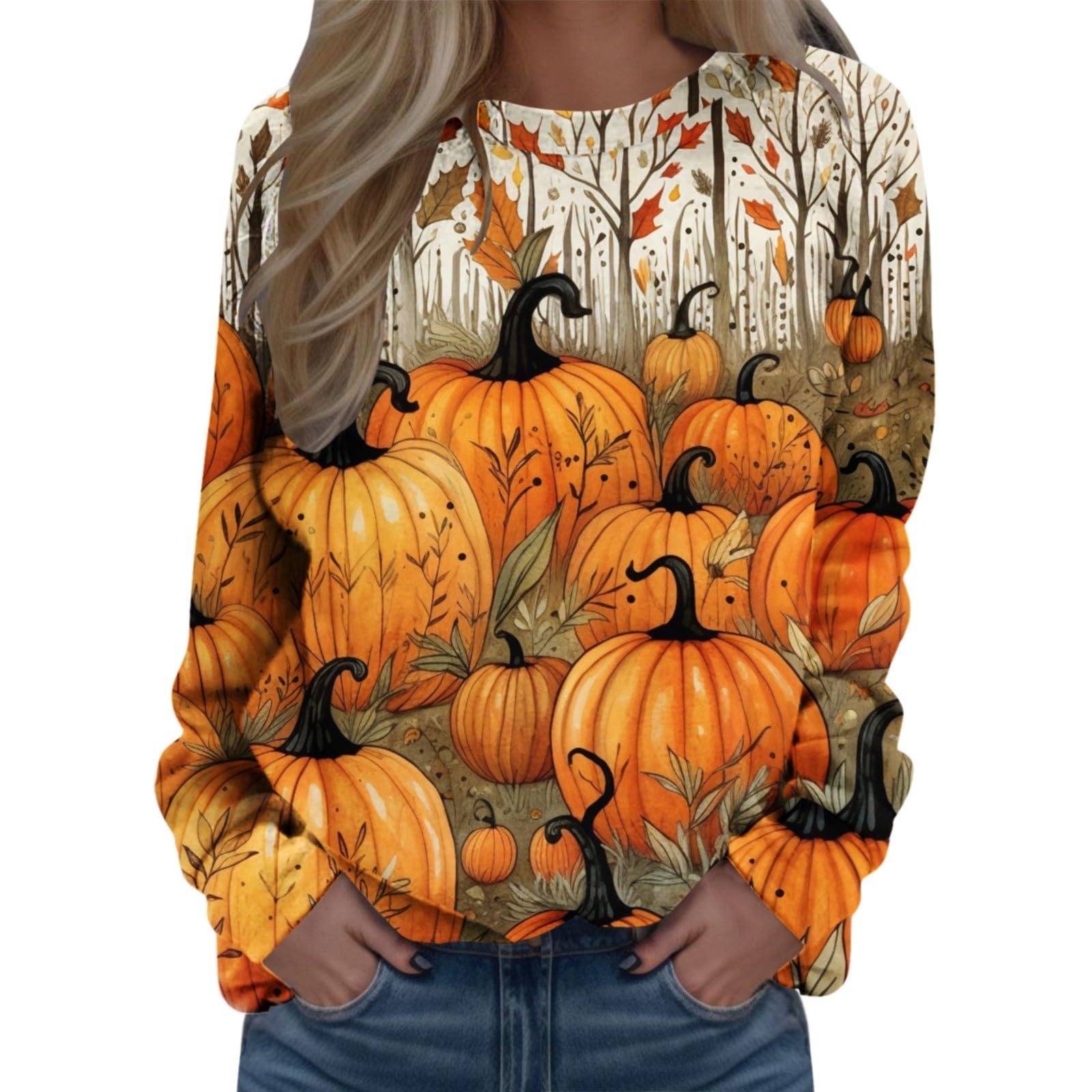 Women's Halloween Pumpkin Graphic Tee - Trendy Long Sleeve Casual Shirt for Fall, Workout & Everyday Wear | Crewneck Tunic Blouse for Halloween Parties & Autumn Outfits